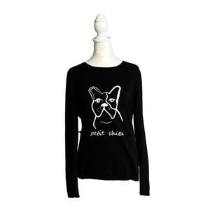 Lord & Taylor Black Cashmere Sweater w/ White French Bulldog Petit Chien Sz Med